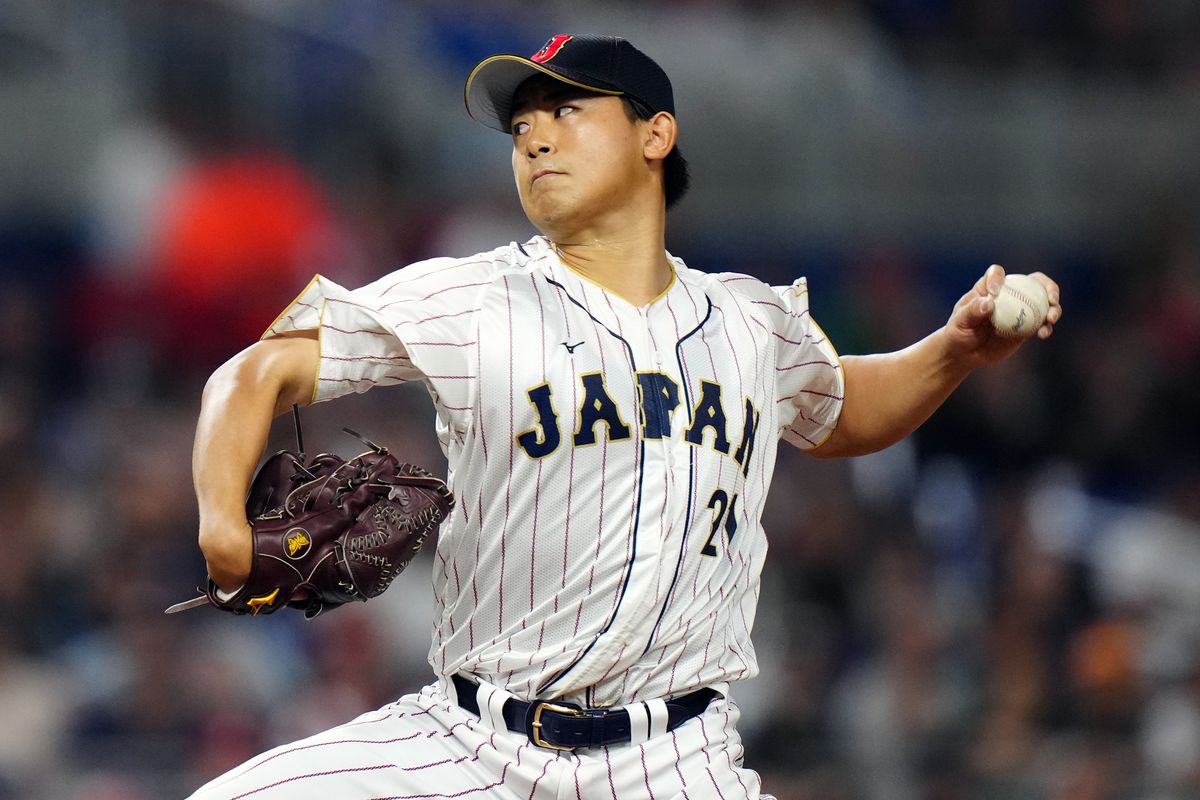 Shota Imanaga of Team Japan pitches in the first inning during the 2023 World Baseball Classic Championship game between Team USA and Team Japan at loanDepot Park on Tuesday, March 21, 2023 in Miami, Florida.