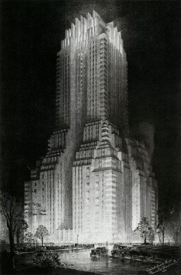 An illustration of Hugh Ferriss' Majestic Hotel, 1930.