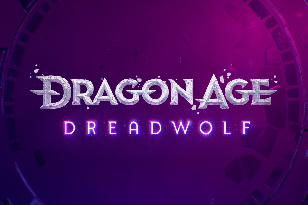 Text of Dragon Age Dreadwolf over vibrant purple background