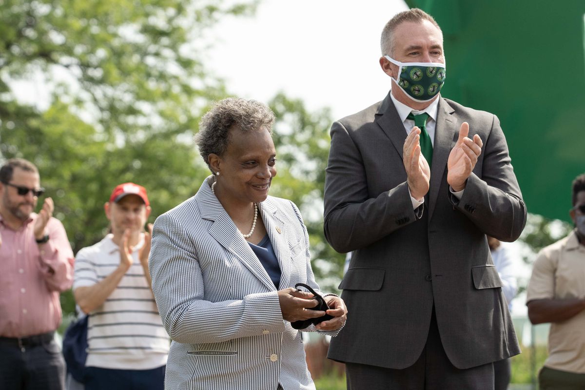 Chicago Park District Supt. Mike Kelly, shown in June with Mayor Lori Lightfoot, says he gave his top managers first crack at investigating a female lifeguard’s complaints about physical abuse, sexual harassment and drug and alcohol use by lifeguards at Oak Street Beach.