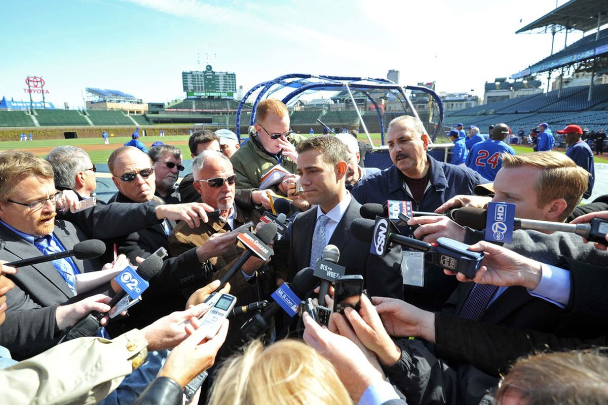 It's safe to say all of these reporters weren't asking Theo questions about Aaron Kurcz. ( Mandatory Credit: Rob Grabowski-US PRESSWIRE)