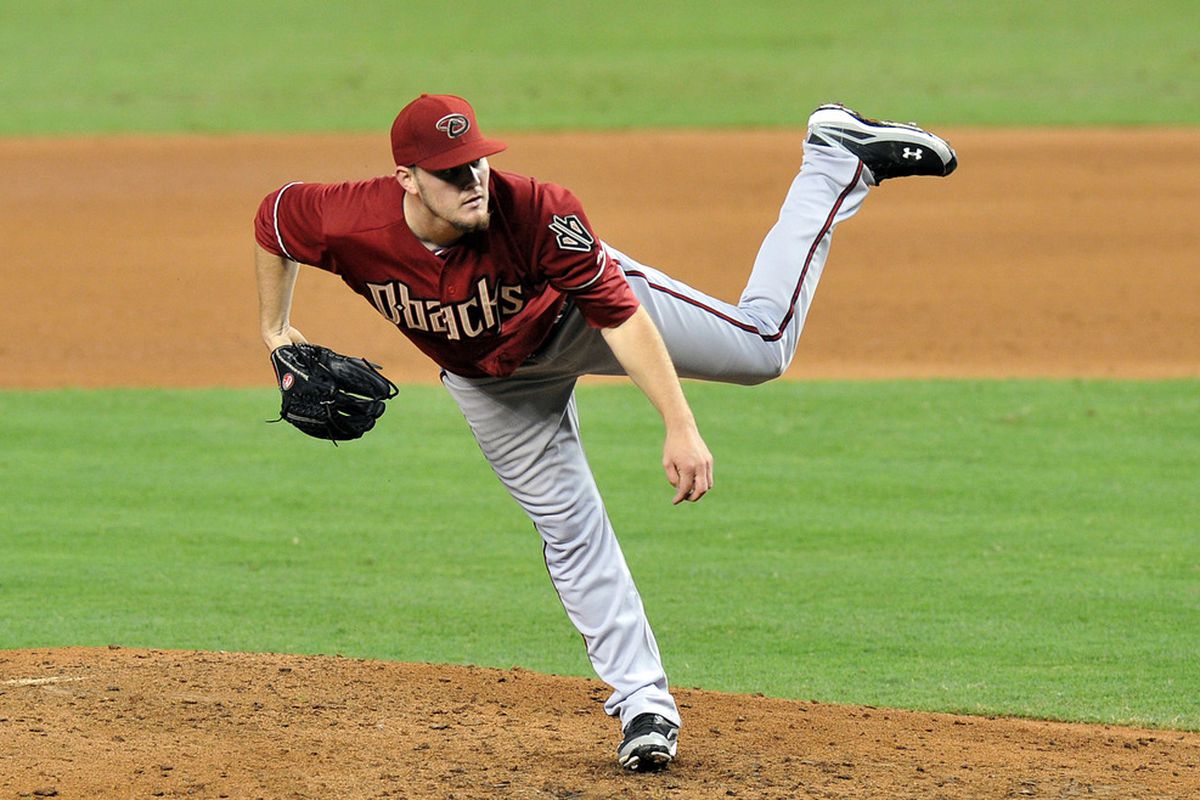 April 29, 2012; Miami, FL, USA; Arizona Diamondbacks starting pitcher Wade Miley (36) throws in the fifth inning against the Miami Marlins at Marlins Park. Mandatory Credit: Steve Mitchell-US PRESSWIRE