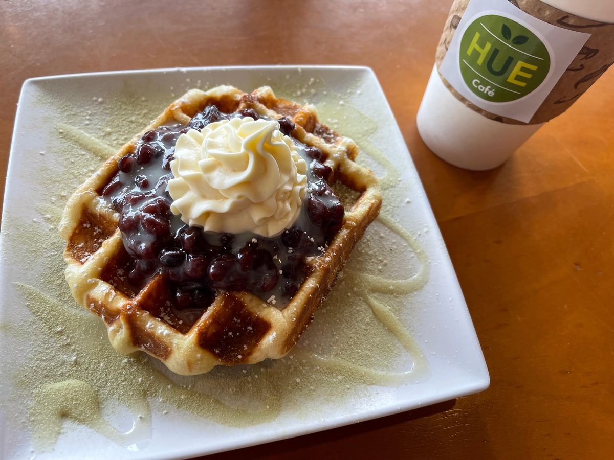 Liege waffle with red bean paste and whipped cream.