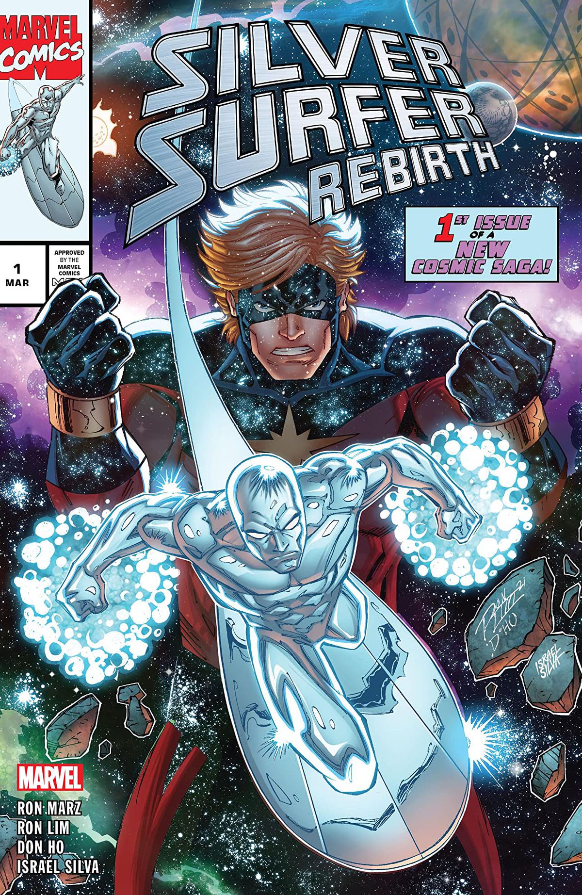 The Silver Surfer speeds through space with a large image of Captain Marvel (Mar-Vell) behind him on the cover of Silver Surfer: Rebirth #1 (2022). 