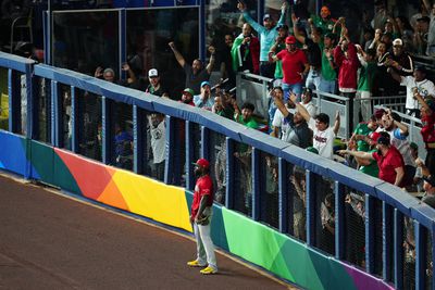 Randy Arozarena #56 of Team Mexico reacts after making a leaping catch in the fifth inning during the 2023 World Baseball Classic Semifinal game between Team Mexico and Team Japan at loanDepot Park on Monday, March 20, 2023 in Miami, Florida.