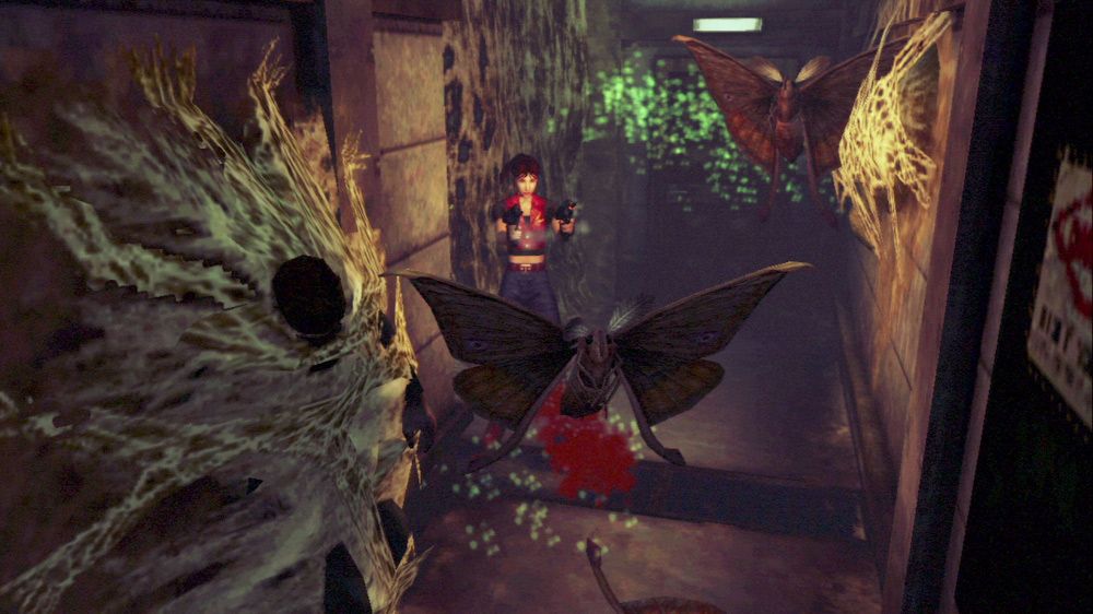 Claire Redfield shoots mutant moths in a screenshot from Resident Evil: Code Veronica X HD.