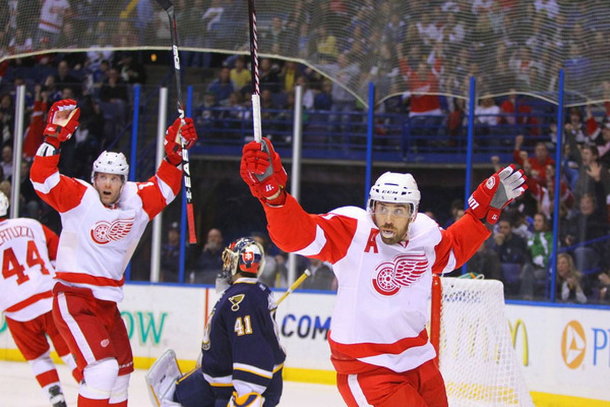 ST. LOUIS, MO - MARCH 12: Henrik Zetterberg #40 of the Detroit Red Wings celebrates a goal against the St. Louis Blues at the Scottrade Center on March 12, 2011 in St. Louis, Missouri.  (Photo by Dilip Vishwanat/Getty Images)