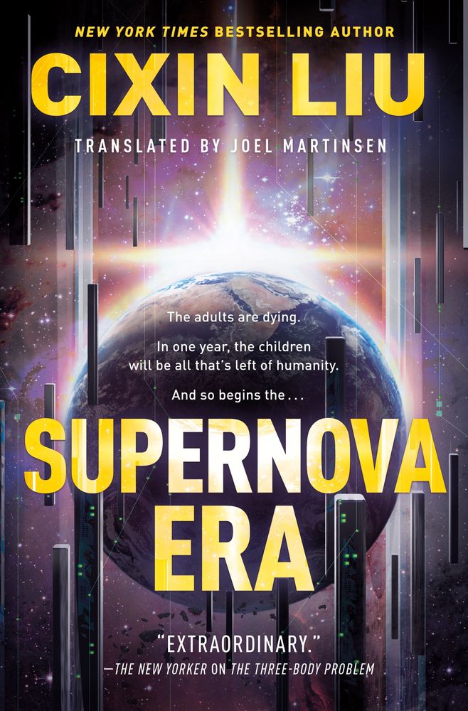 Supernova Era by Cixin Liu, translated by Joel Martinsen has black monoliths floating alongside earth