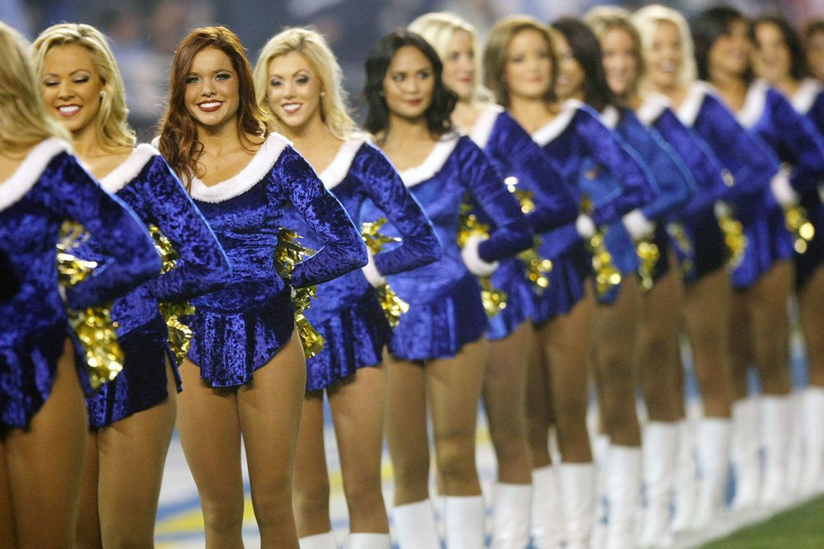 SAN DIEGO, CA:  The San Diego Chargers Girls look on against the Baltimore Ravens during their NFL Game at Snapdragon Stadium in San Diego, California. (Photo by Donald Miralle/Getty Images)