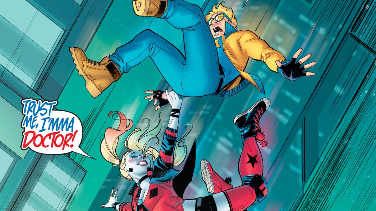 Hand in hand, Harley Quinn and Booster Gold fall through the air. He screams. She shouts “Trust me, I’mma doctor!” in Harley Quinn #72, DC Comics (2020).