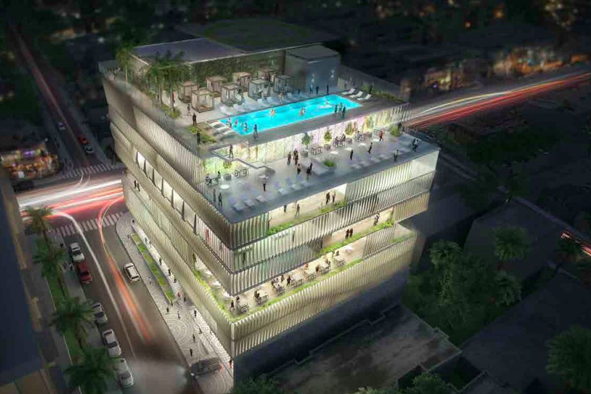 Rendering of Sunset Strip Arts Club in Los Angeles. There is a swimming pool on the roof. 
