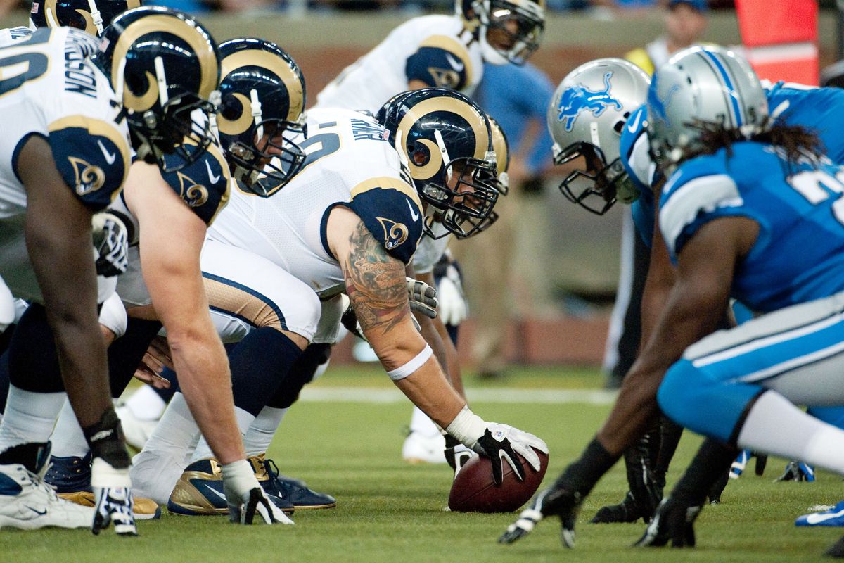 Sep 9, 2012; Detroit, MI, USA; St. Louis Rams offensive line lines up against the Detroit Lions defensive line during the third quarter at Ford Field. Mandatory Credit: Tim Fuller-US PRESSWIRE