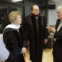 President Thomas S. Monson, center right, and his wife, Sister Frances J. Monson, center left, as well as their daughter, Ann M. Dibb, talk with Ira Fulton, a big supporter of Utah Valley University. They got together after President and Sister Monson received honorary degrees at UVU's commencement ceremonies Friday, May 1, 2009.