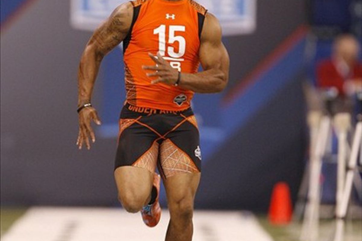 Pac-12 and Rose Bowl Champion Oregon Ducks running back LaMichael James runs the 40 yard dash during the NFL Combine