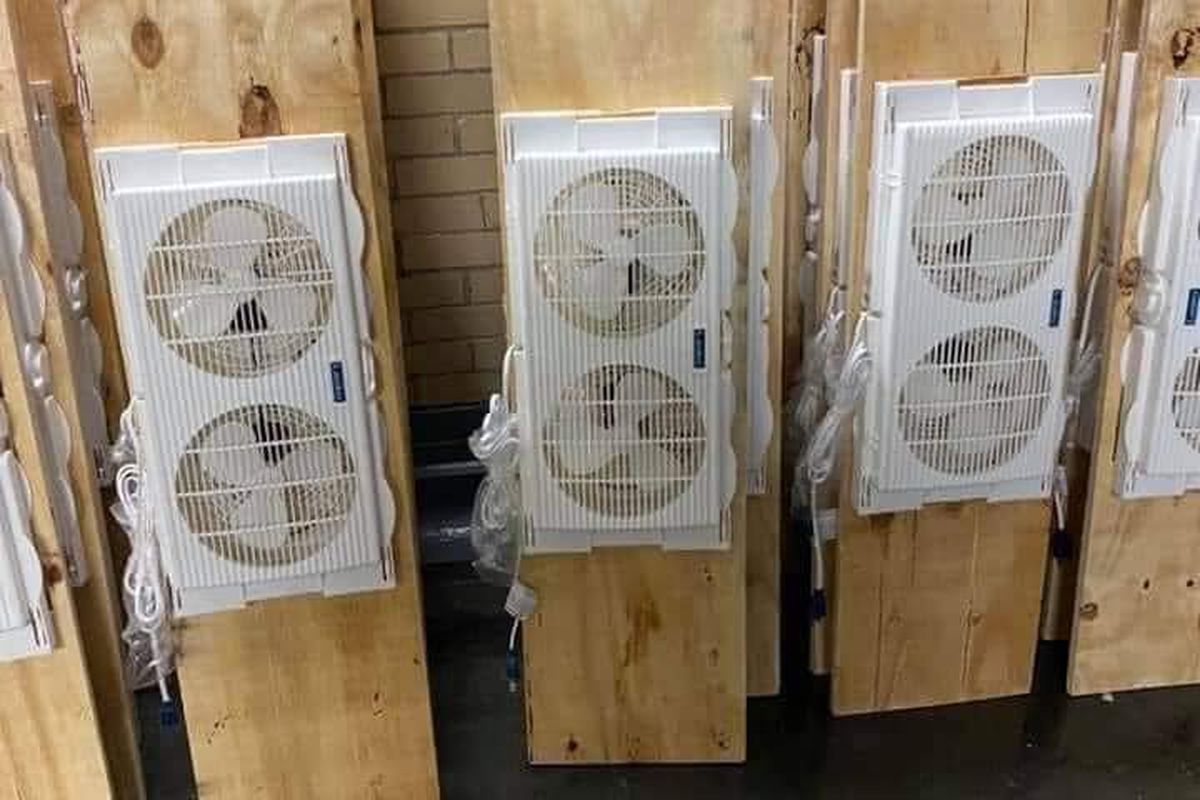 Fans mounted to wooden blanks.