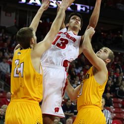 Duje Dukan shoots the ball during the exhibition game against UW-Oshkosh on November 7, 2012 at the Kohl Center.