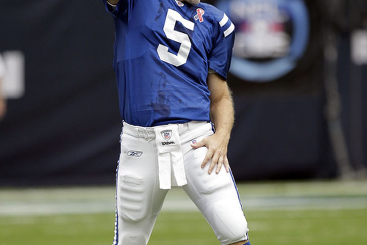 HOUSTON - SEPTEMBER 11:  Quarterback Kerry Collins #5 of the Indianapolis Colts warms up before playing the Houston Texans at Reliant Stadium  in a season opener on September 11, 2011 in Houston, Texas.  (Photo by Bob Levey/Getty Images)