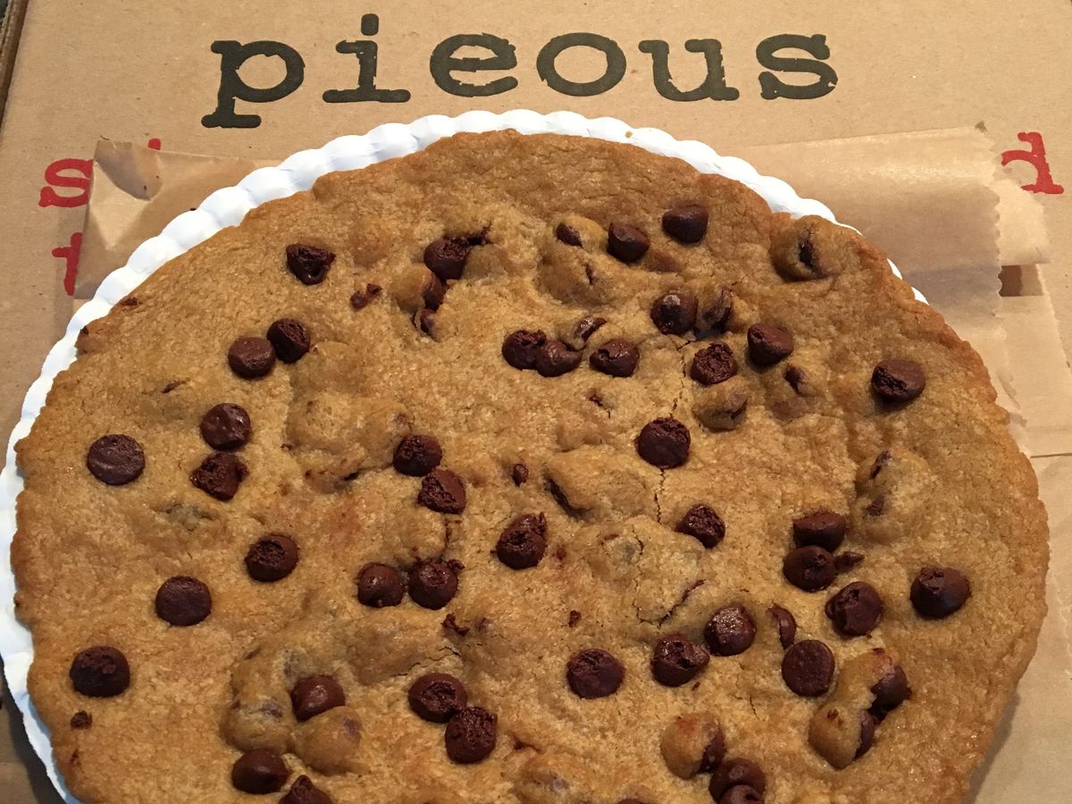 A giant chocolate chip cookie.