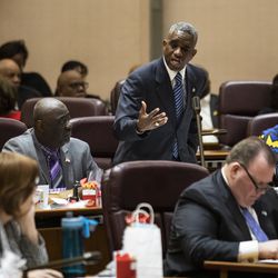 Ald. David Moore (17th) speaks during the monthly Chicago City Council meeting, where aldermen were scheduled to vote on attempt by the Black Caucus to delay sales of recreational marijuana in Chicago for six months to give African American and Hispanic people a chance to get a piece of the action, at City Hall, Wednesday, Dec. 18, 2019.
