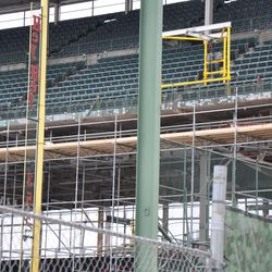 A closer view of where all the upper-deck display signs have been removed along the third-base line