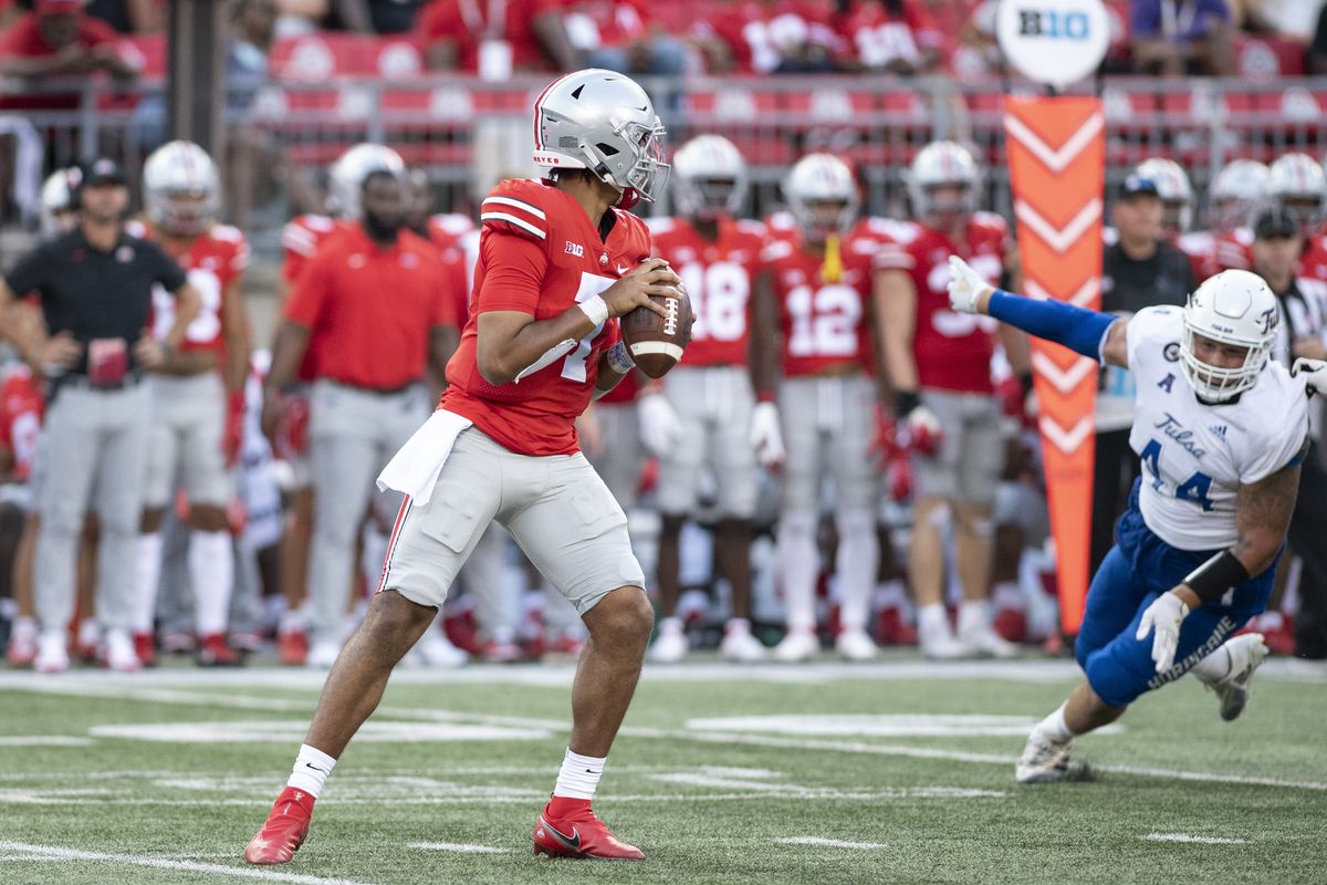 Quarterback C.J. Stroud of the Ohio State Buckeyes falls back into the pocket looking for a receiver during the fourth quarter at Ohio Stadium on September 18, 2021 in Columbus, Ohio.