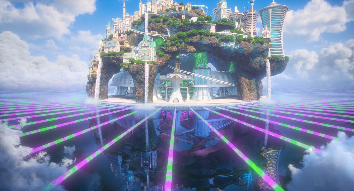 The Land of Happiness, a glowing fantasy city on a grid of glowing purple and green lines, with a darker city reflected below, in Happiness