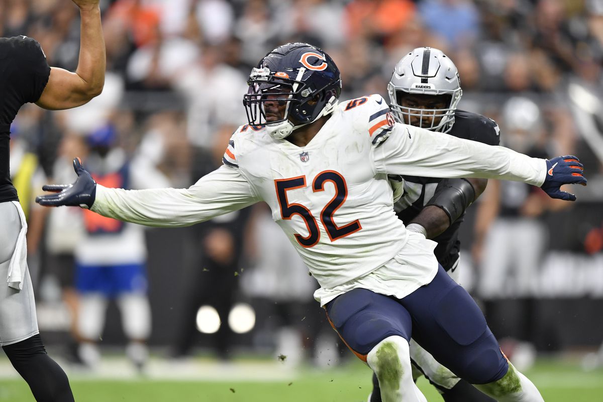 Khalil Mack #52 of the Chicago Bears rushes during the second half against the Chicago Bears at Allegiant Stadium on October 10, 2021 in Las Vegas, Nevada.