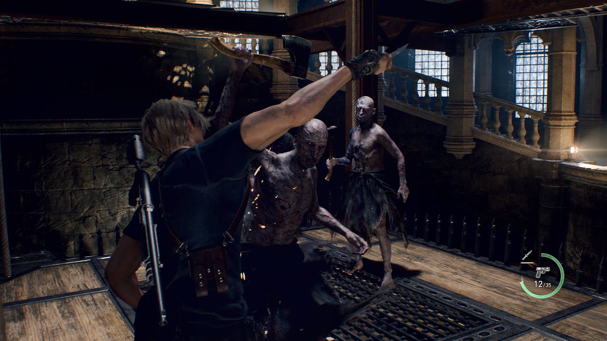 Leon S. Kennedy slashes at an ax-wielding Ganados in a screenshot from Resident Evil 4. Another Ganados waits in the background ready to strike.