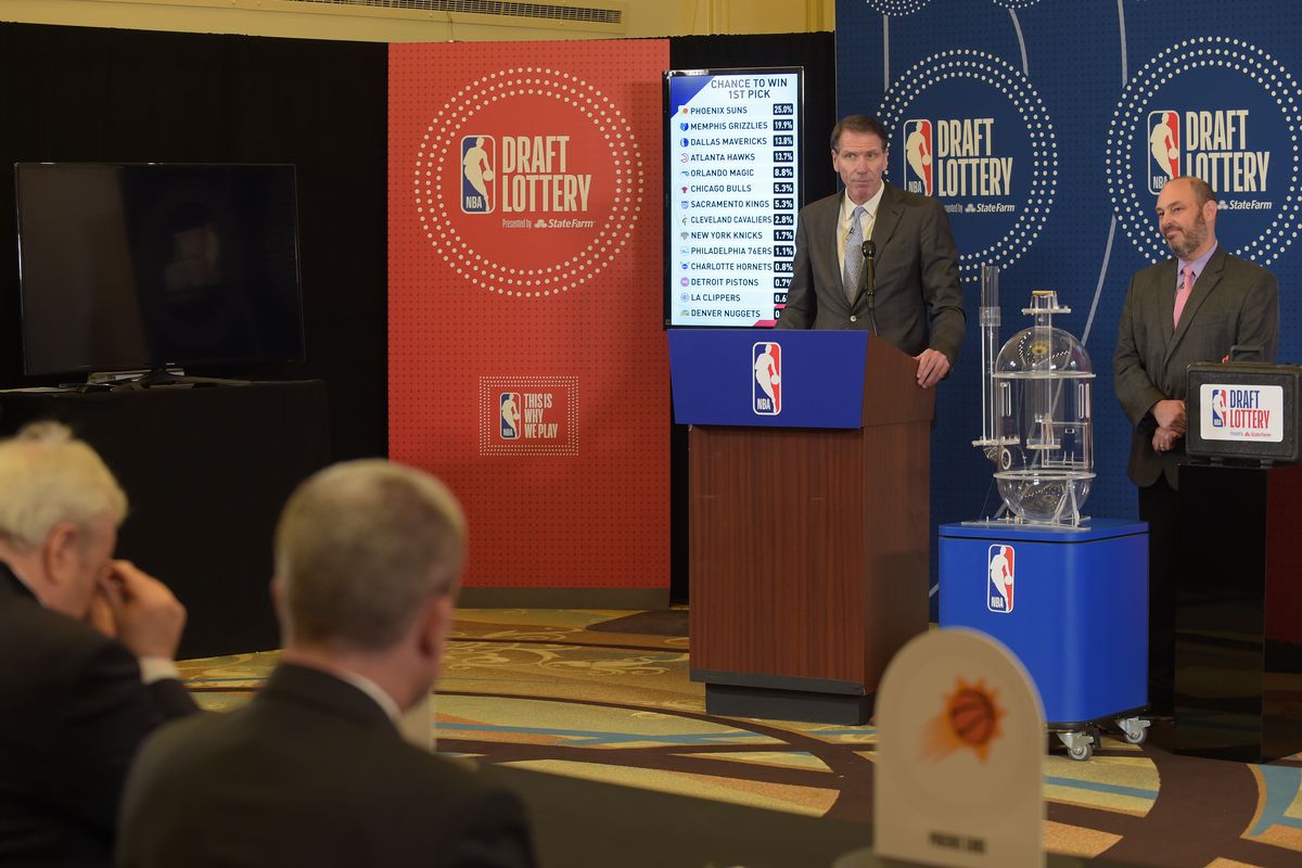 Kiki VanDeWeghe, Executive Vice President of Basketball Operations for the NBA, speaks to the room during the 2018 NBA Draft Lottery at the Palmer House Hotel on May 15, 2018 in Chicago Illinois.&nbsp;