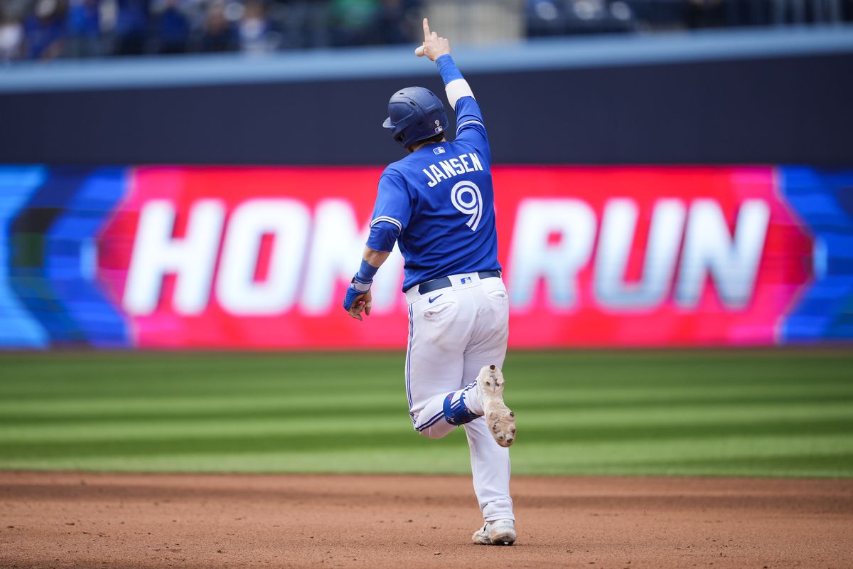 Danny Jansen of the Toronto Blue Jays celebrates his home run against the Baltimore Orioles during the sixth inning in their MLB game at the Rogers Centre on May 20, 2023 in Toronto, Ontario, Canada.