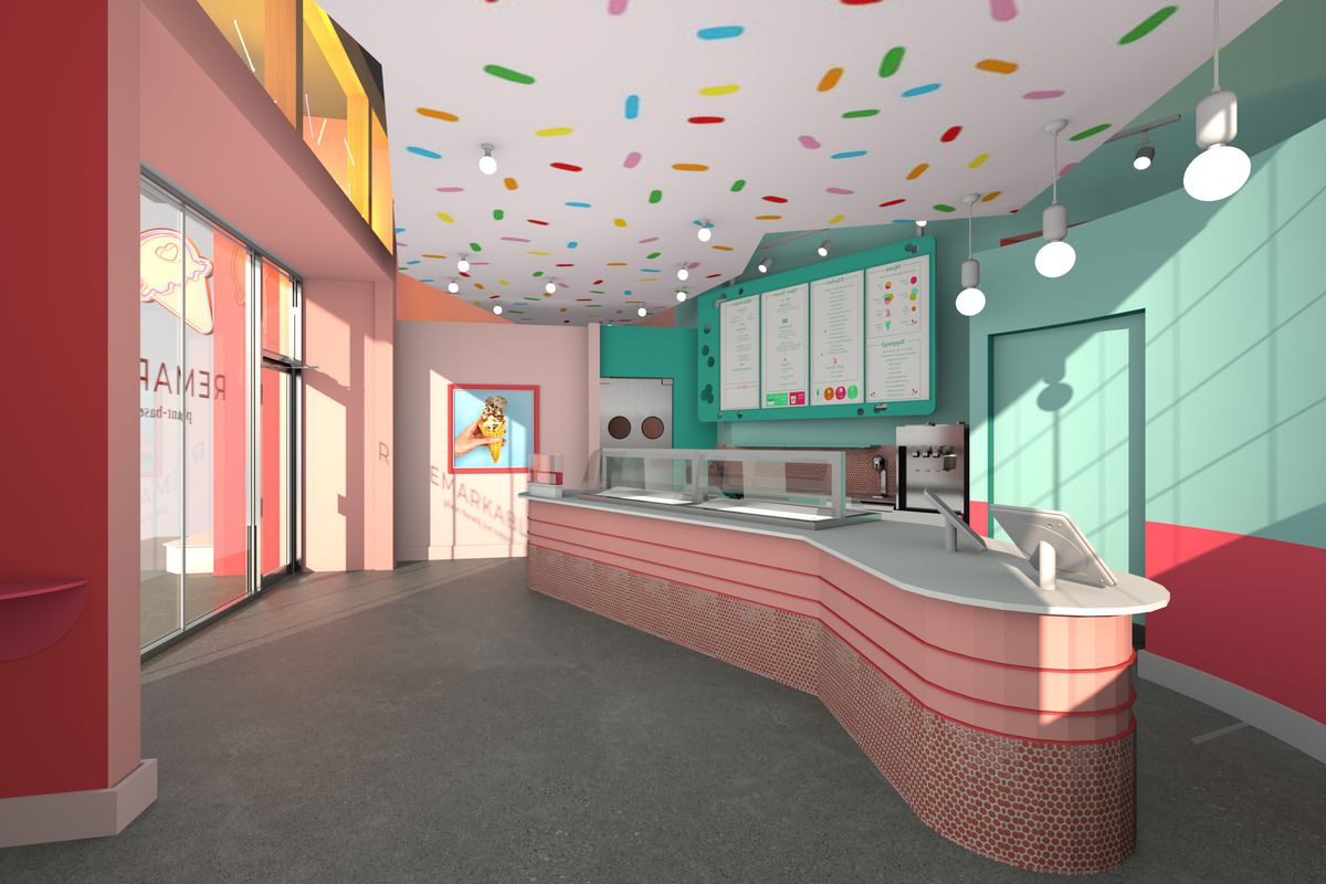 A three-dimensional model of an ice cream scoop shop in pink and blue.