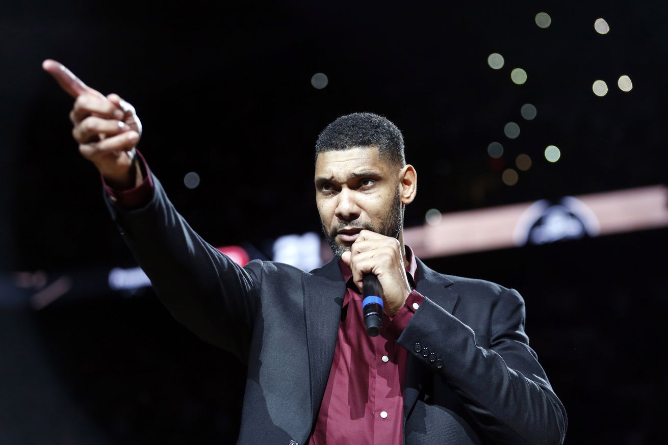 Dec 18, 2016; San Antonio, TX, USA; Former San Antonio Spurs power forward Tim Duncan speaks during a ceremony to retire his No. 21jersey after an NBA basketball game between the Spurs and the New Orleans Pelicans at AT&amp;T Center. Mandatory Credit: Soobum Im-USA TODAY Sports