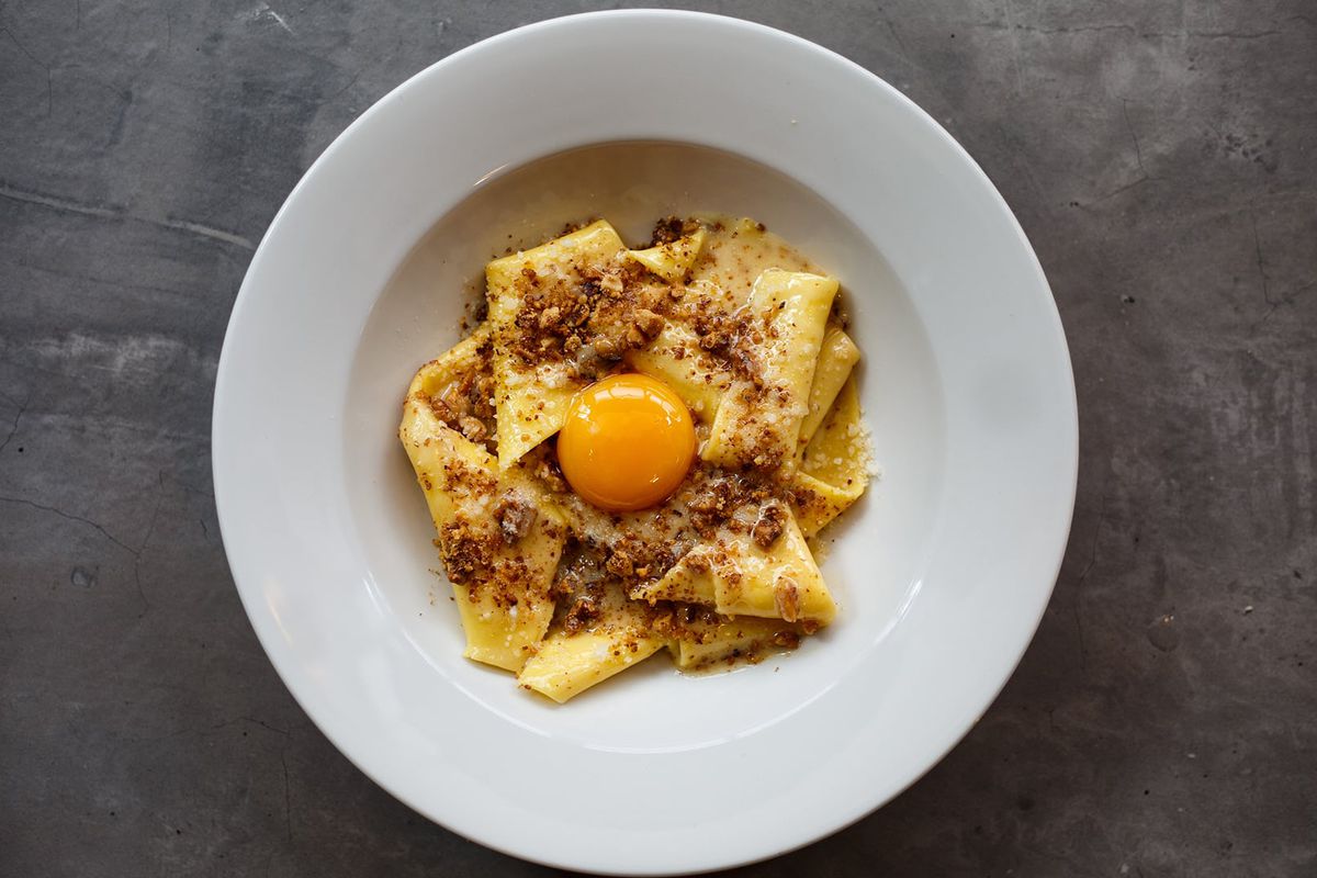 Pappardelle with egg yolk and nuts at Bancone in Covent Garden, one of the best pasta restaurants in London