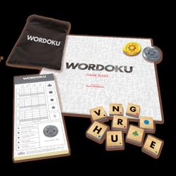 Wordoku is a combination crossword-sudoku word game for one to six players. In the game, players race to create words and earn points using wooden letter tiles on a 4x4 grid.