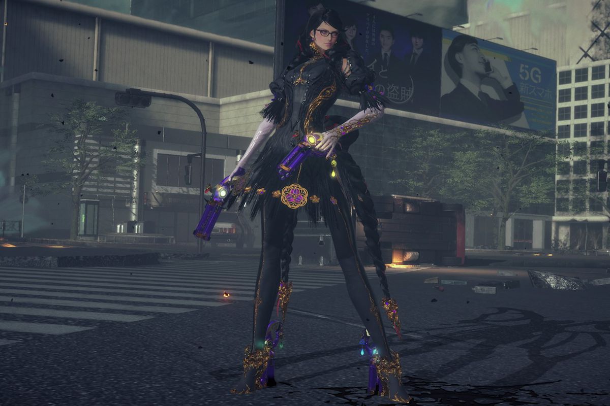 Bayonetta stands in a street holding a pistol in Bayonetta 3.