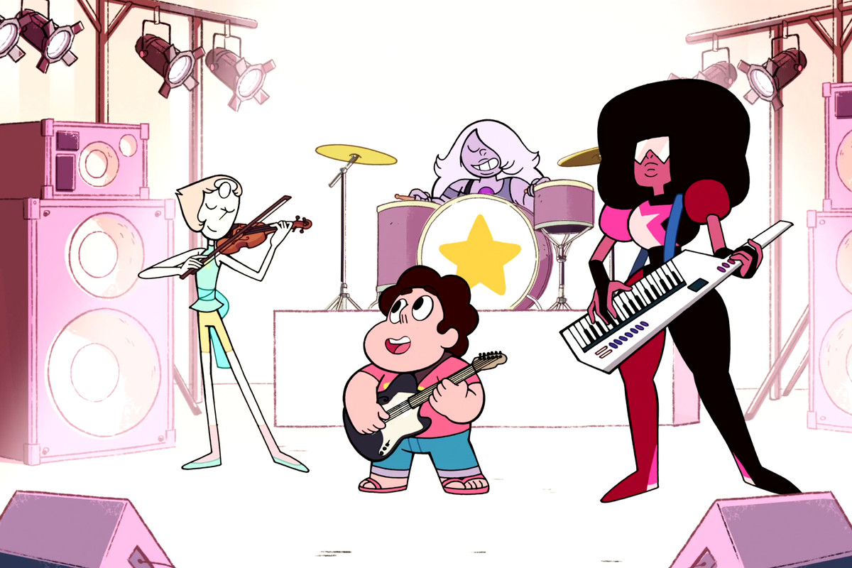 Pearl, Amethyst, Steven, and Garnet rocking out. Pearl plays the violin, Amethyst the drums, Garnet the Keytair, with Steven singing and on the guitar. 