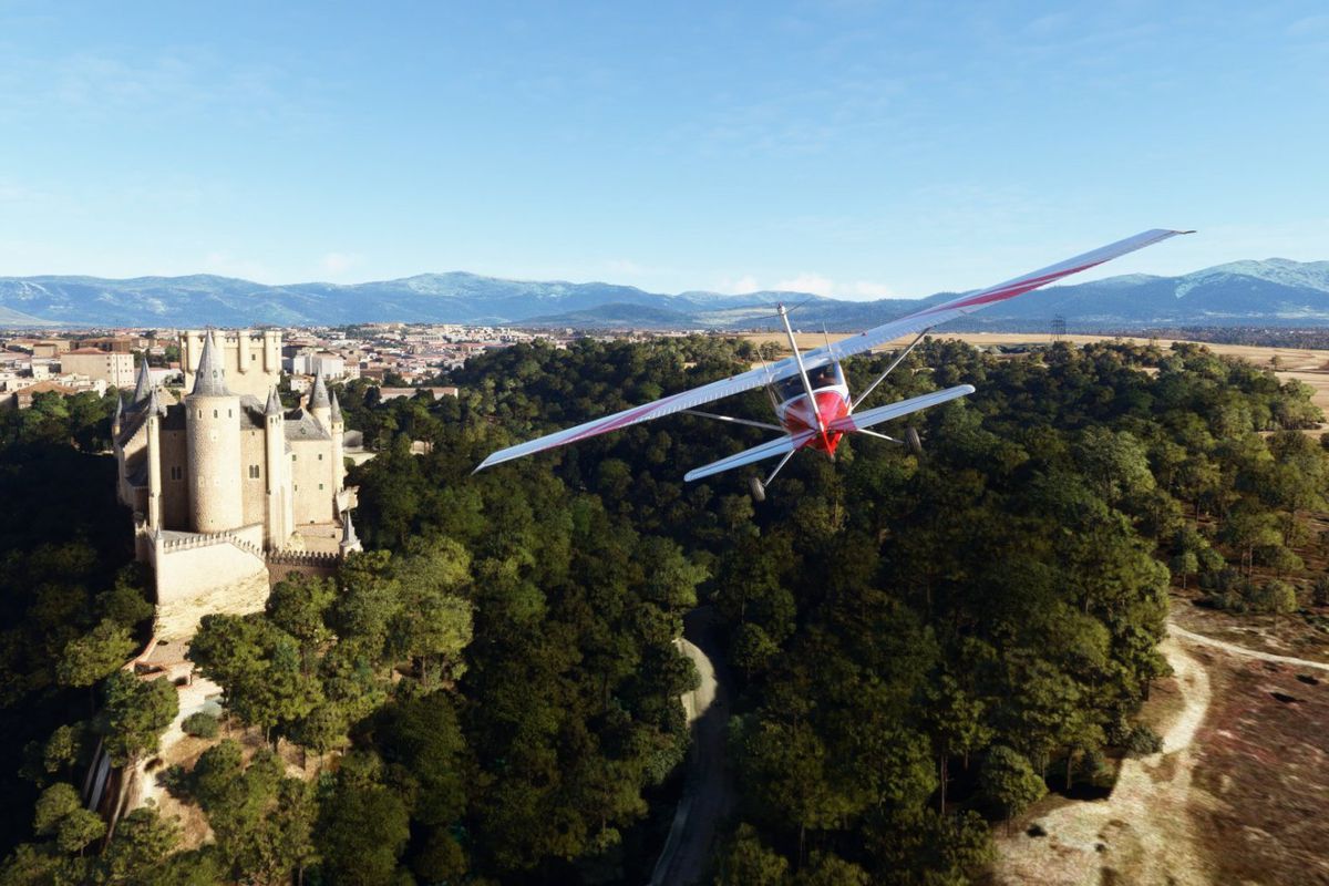 A plane flying in the Iberian Peninsula in Microsoft Flight Simulator