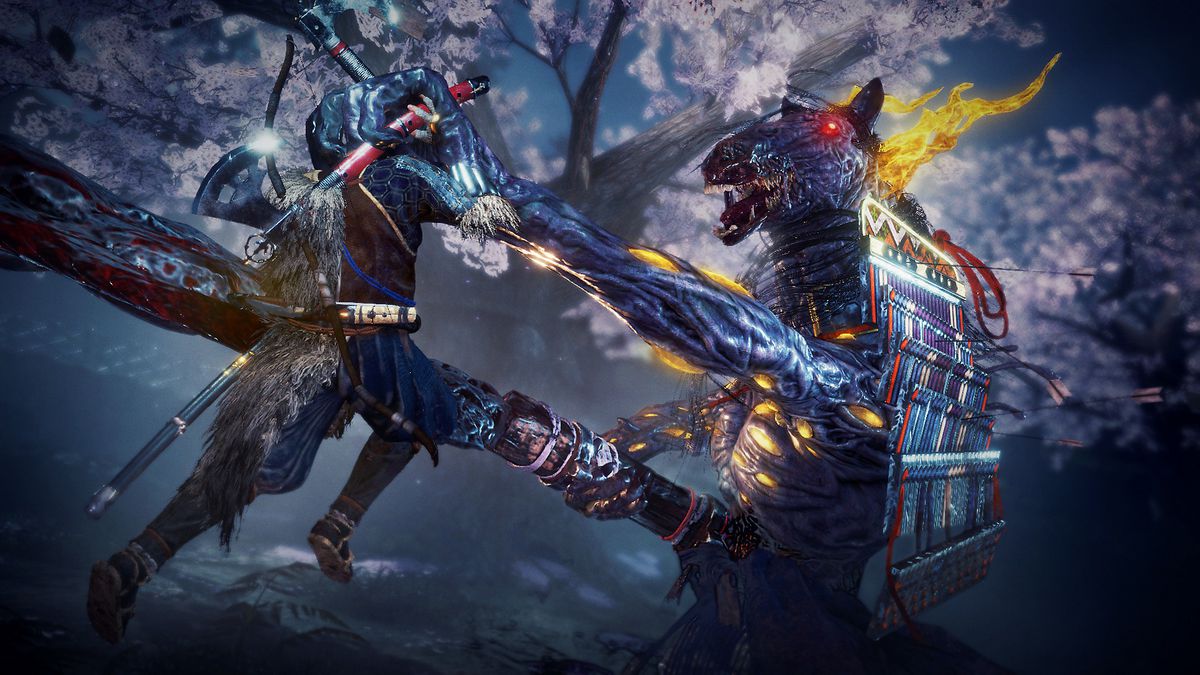 The player character, with a drawn sword, and a deadly, hostile yokai spirit engages in a duel in Nioh 2.