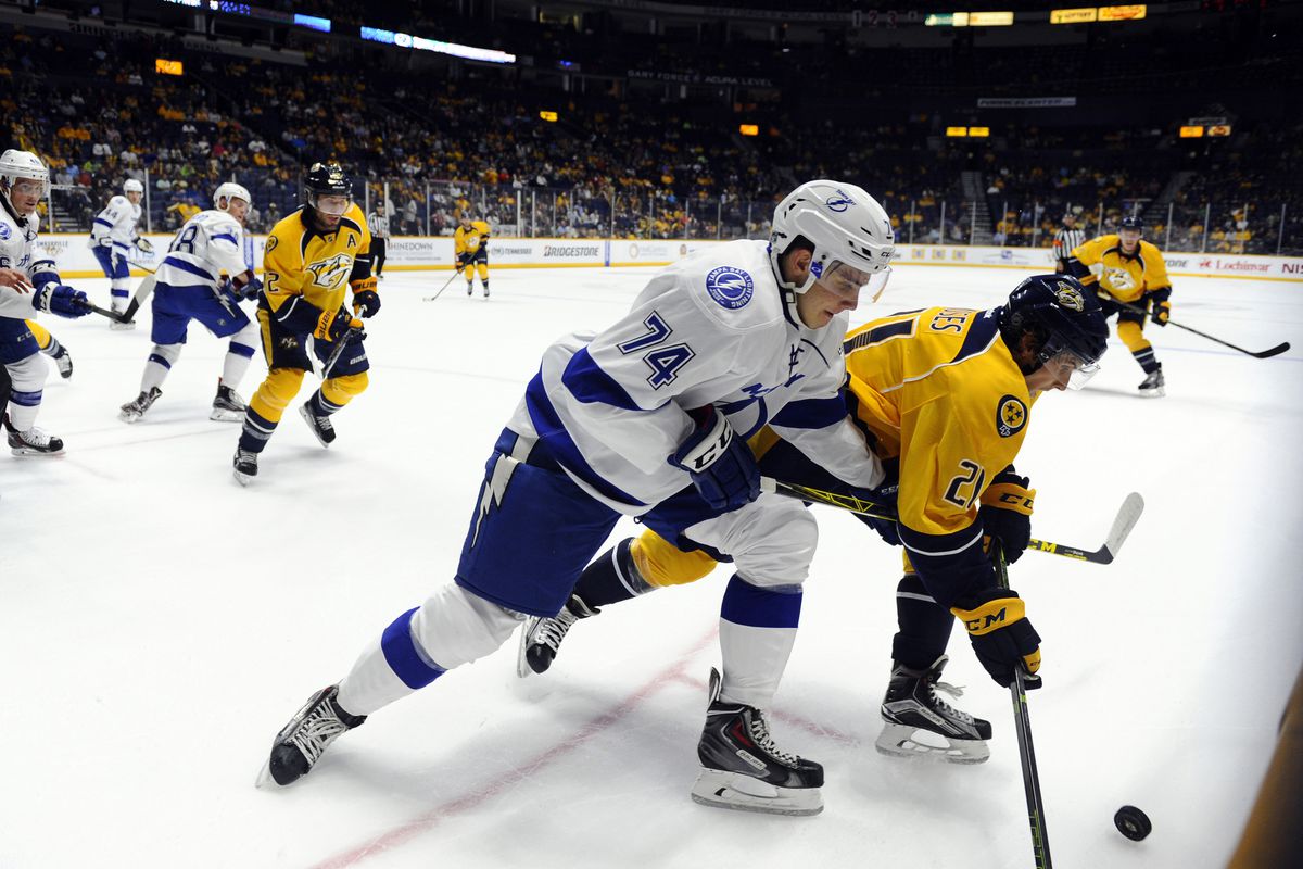 Tampa Bay Lightning defenseman Dominik Masin (74) fights for control of a loose puck in an exhibition game against the Nashville Predators
