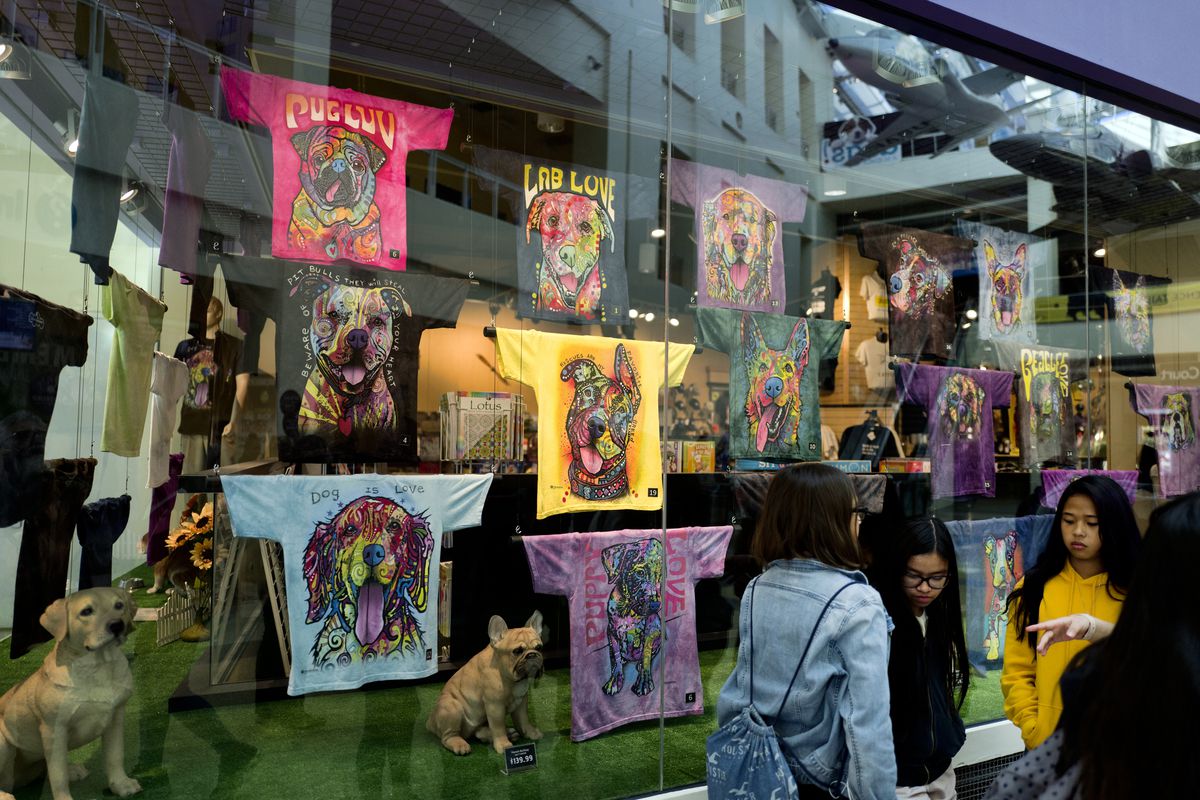 In this Tuesday, March 12, 2019 photo, students walk past the museum shop at California Science Center displaying tee shirts of dogs for the exhibition called “Dogs! A Science Tail,” that is part science, part history, part Norman Rockwell Americana and o