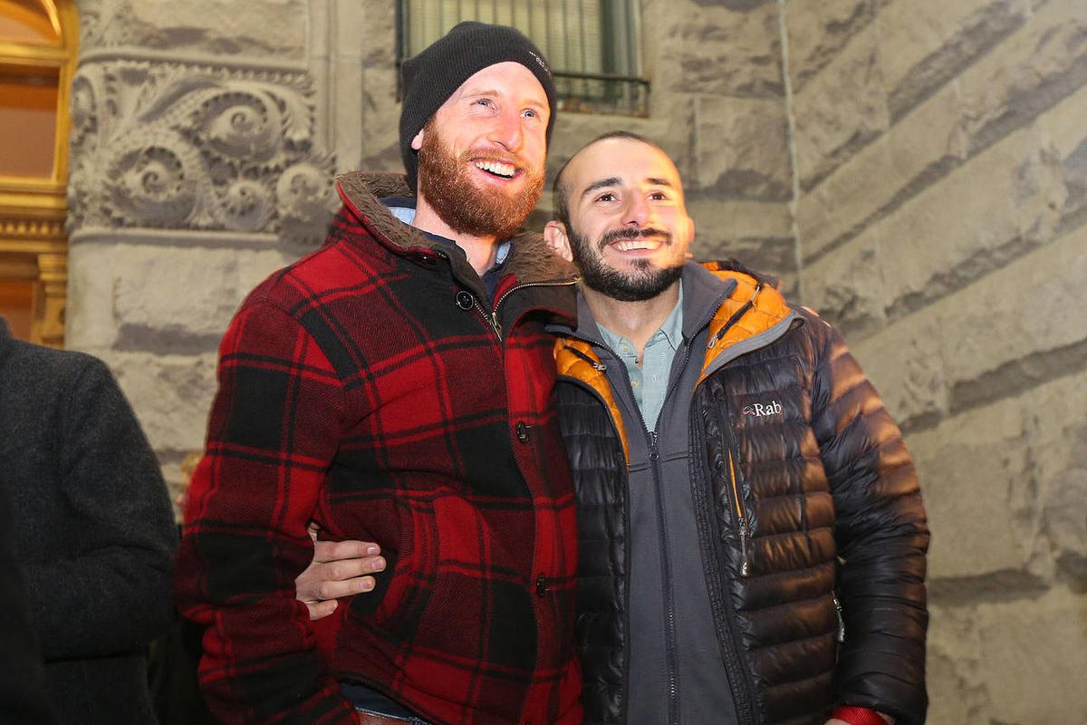 Derek Kitchen, left, and Moudi Sbeity, one of the gay couples that challenged Utah's constitutional definition of marriage, at the Salt Lake City-County Building on Monday, Dec. 23, 2013, in Salt Lake City. Kitchen kicked off his bid for a Salt Lake City 