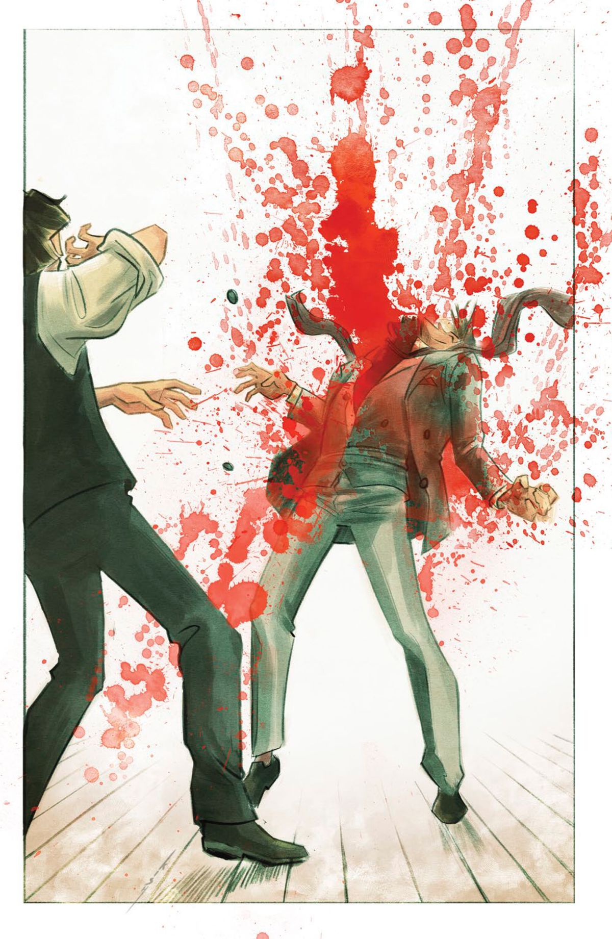 A man explodes in a shower of blood, as if he is being ripped in half, in The Picture of Everything Else #1, Vault Comics (2020). 