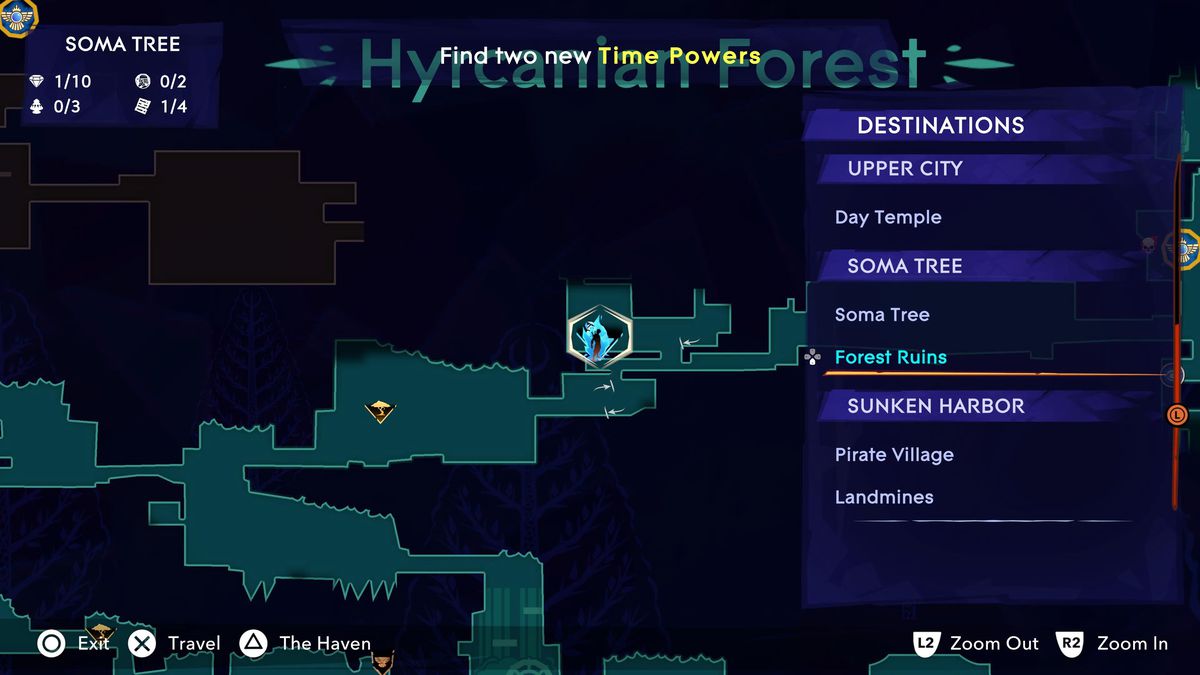 A map shows the location of the Forest Ruins fast travel location in Soma Tree in Prince of Persia The Lost Crown.