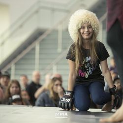 Khabib Nurmagomedov’s biggest fan looks on at UFC 219 open workouts Thursday at T-Mobile Arena in Las Vegas.