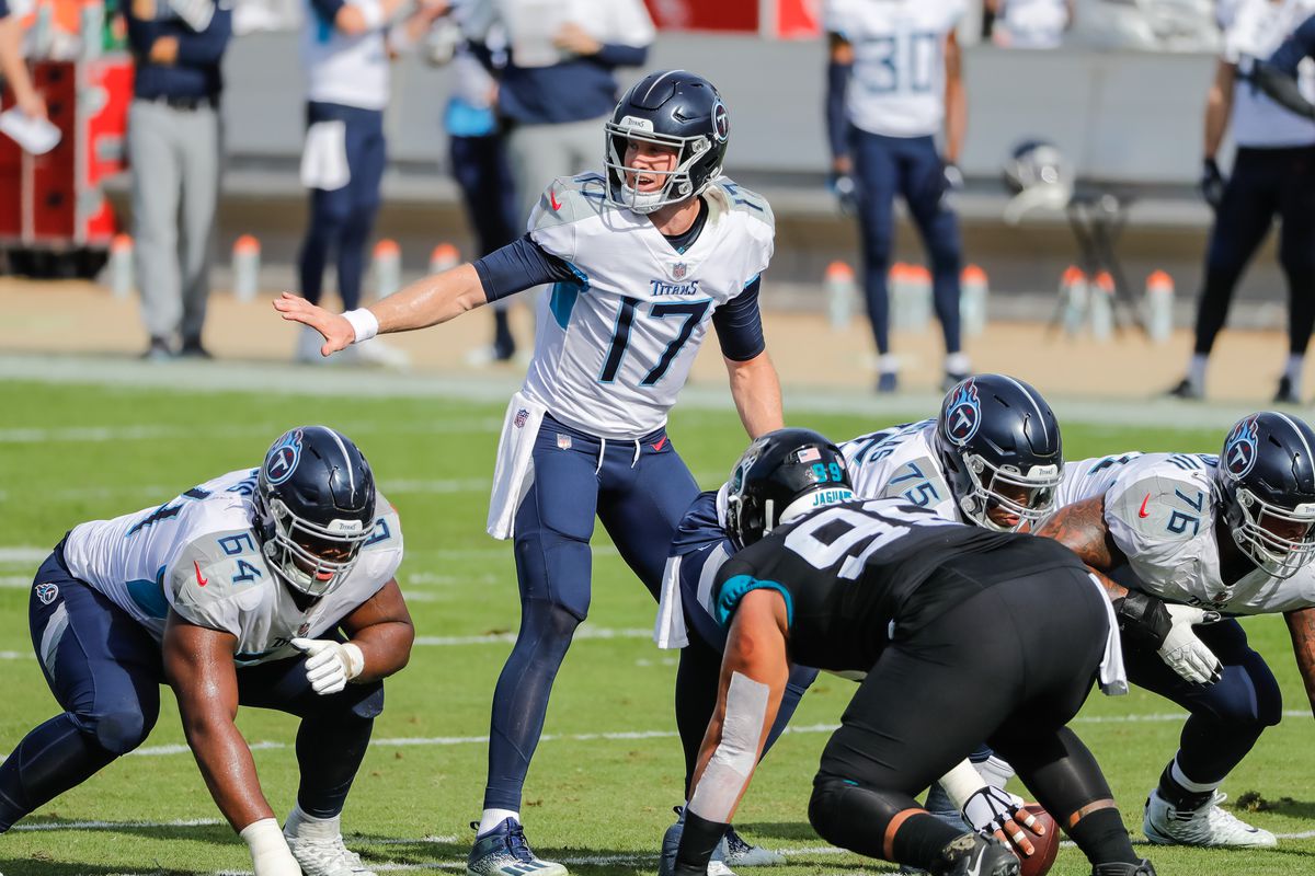 Tennessee Titans quarterback Ryan Tannehill (17) calls coverage against the Jacksonville Jaguars during the second quarter at TIAA Bank Field.