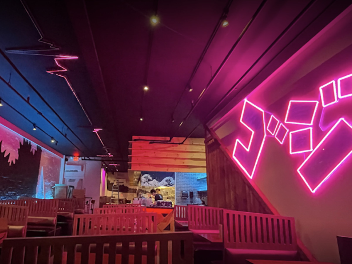 Kaiju Ramen’s neon-lit interior.