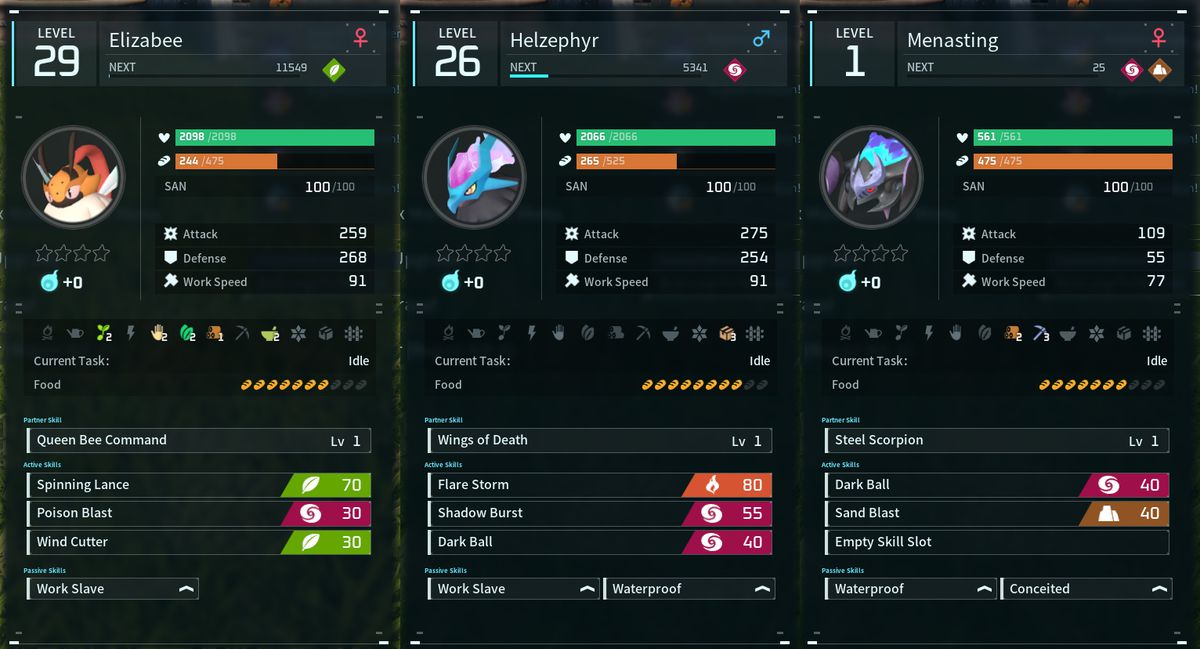 Three Pals from Palworld: Elizabee, Helzephyr, and Menasting, with their stat pages