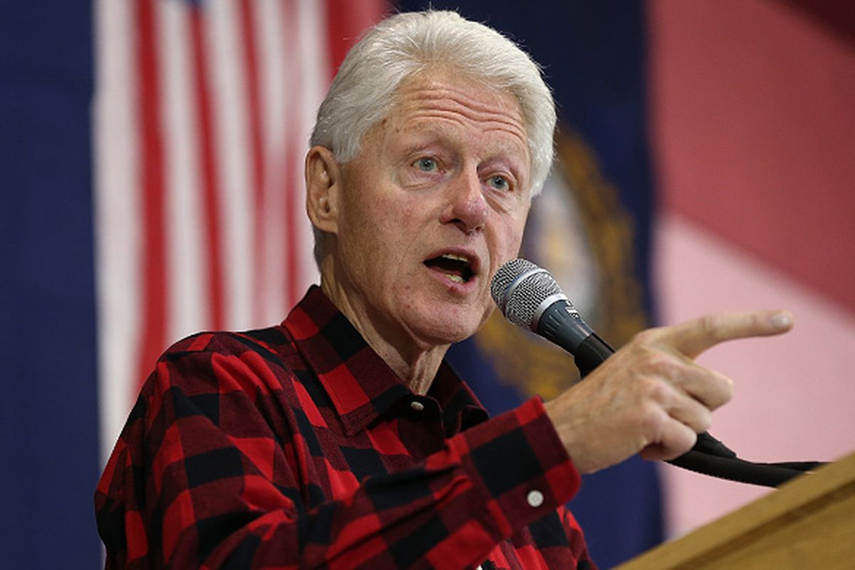 Bill Clinton campaigning for Hillary Clinton's 2016 presidential campaign in New Hampshire.