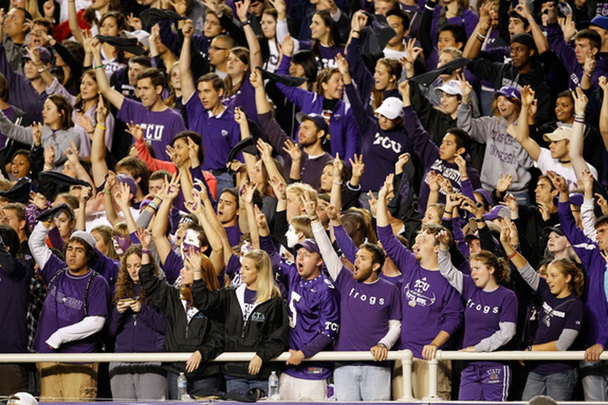 FORT WORTH TX - OCTOBER 23:  TCU fans celebrate as TCU beats the Air Force Falcons 38-7 at Amon G. Carter Stadium on October 23 2010 in Fort Worth Texas.  (Photo by Tom Pennington/Getty Images)