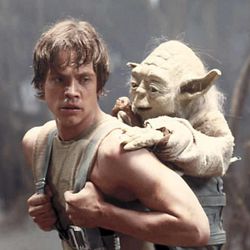 This 1980 publicity image originally released by Lucasfilm Ltd., Mark Hamill as Luke Skywalker and the character Yoda appear in this scene from "Star Wars Episode V: The Empire Strikes Back." 